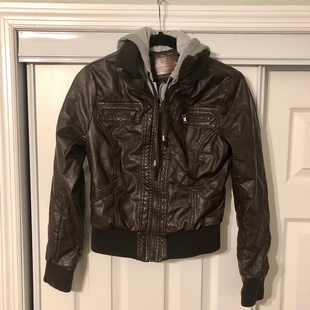Vegan leather hooded jacket